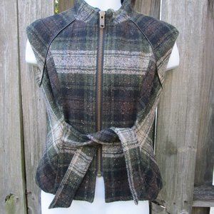 CAbi Size Small Vest Jacket Green Plaid Wool Blend Zip up, Tie up